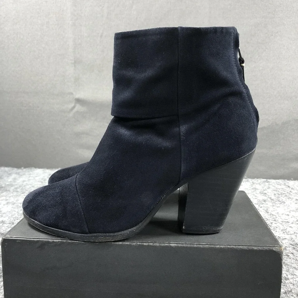 Rag & Bone Newbury 2.0 Boots Womens 9 Navy Suede Ankle Zip Block Heel Casual